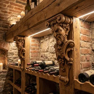 Close-up view of an intricately carved wooden corbel depicting a grinning satyr head surrounded by grapes and leaves, supporting a rustic wooden shelf with wine bottles in a brick wine cellar lit by warm LED lights.